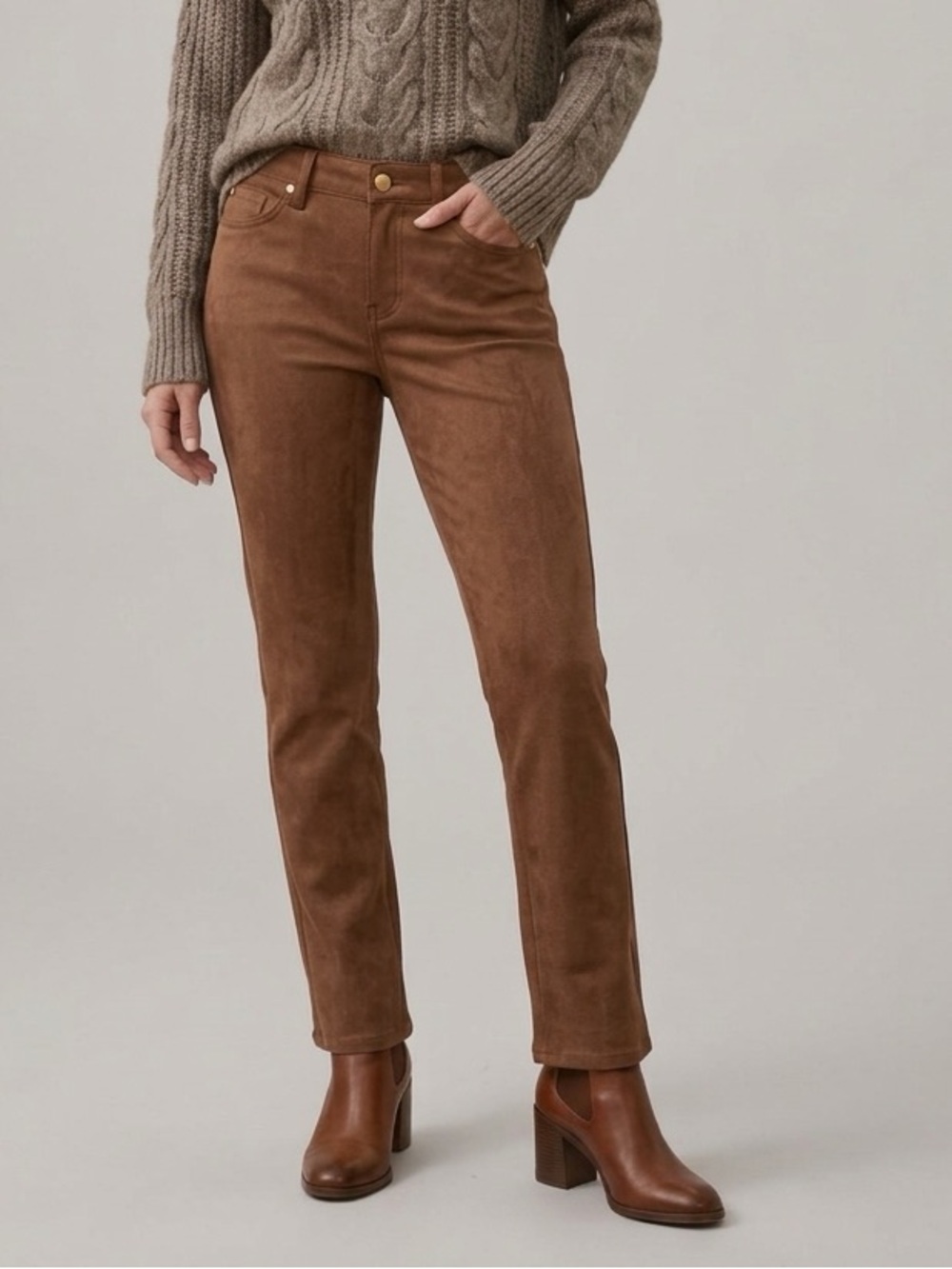 DKNY Women's Mid Rise Straight Suede Pants in Burnt Sugar Brown Polished NWT